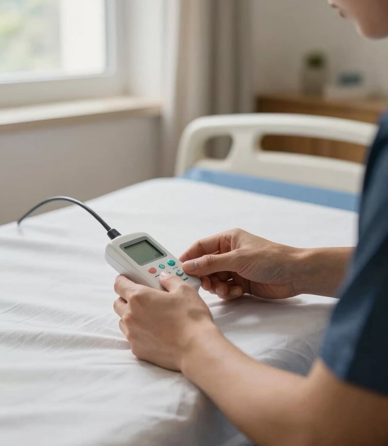 Intimate close-up of a technician's hands gently adjusting a clean home care bed controller, soft window light, warm domestic bedroom setting.