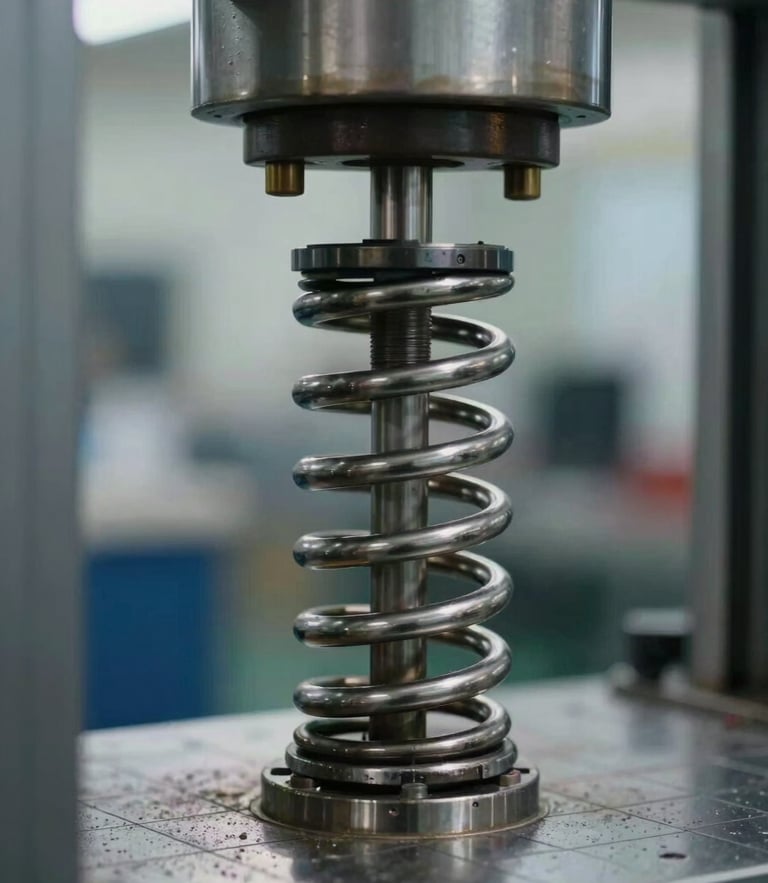 Extreme close-up of a heavy-duty industrial spring being compressed under a hydraulic load tester, metallic surface reflecting harsh industrial light, technical grid overlay.