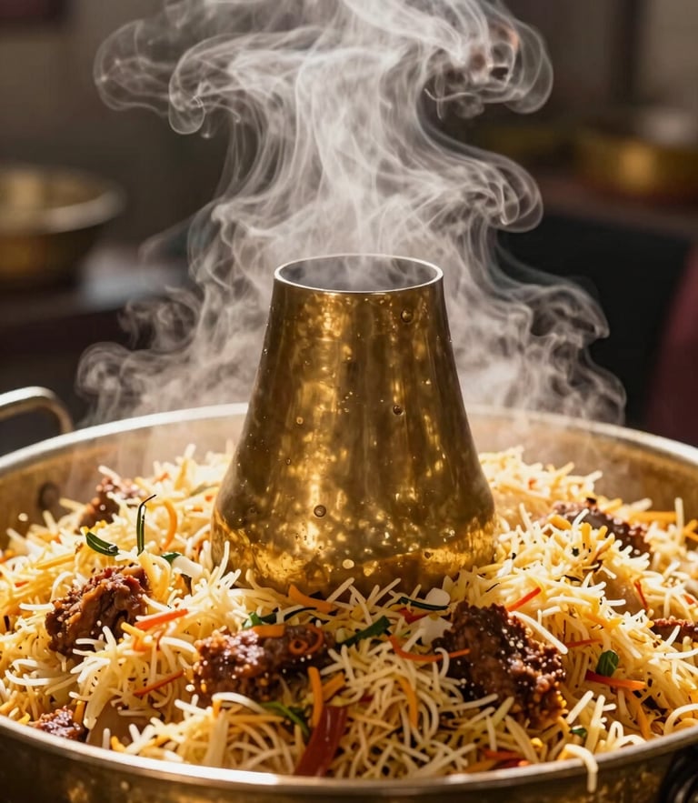 Close-up of a giant brass uruli steaming with fresh aromatic biryani in a traditional wood-fired kitchen, golden light illuminating the rising steam, warm and celebratory.