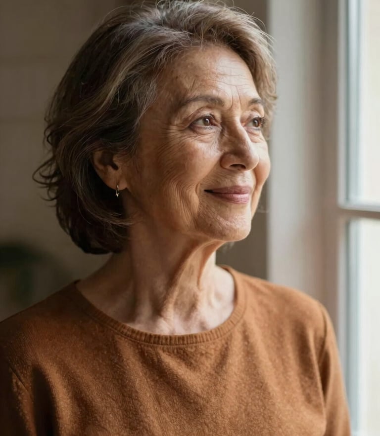 Dignified portrait of an older woman looking out of a window with a soft smile, warm natural light, rich organic tones, shallow depth of field, 35mm