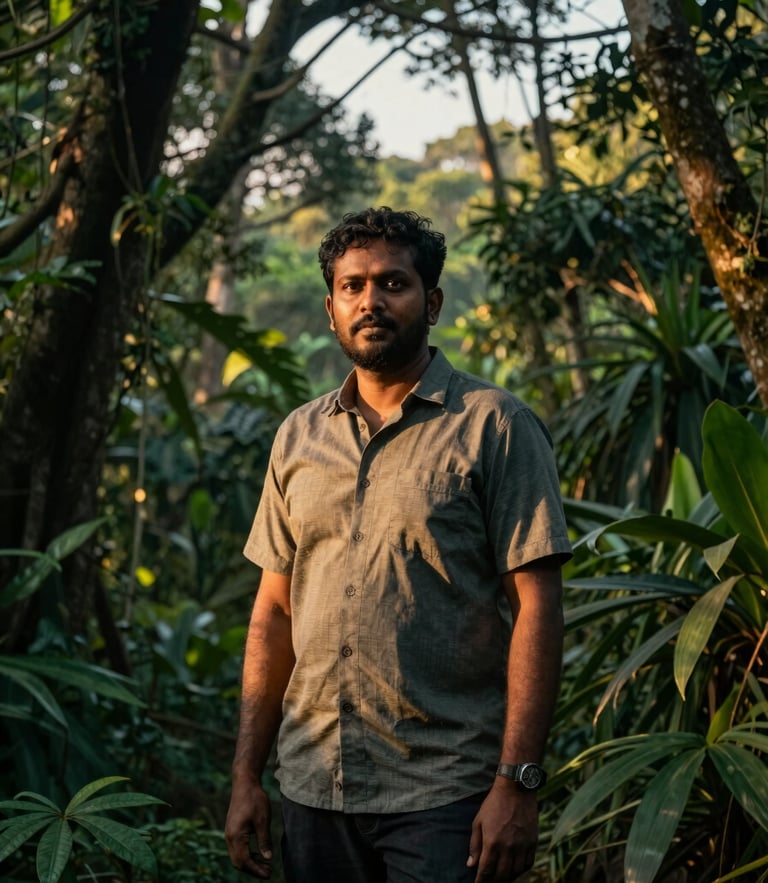 Dramatic golden hour portrait of a Malayalam film director standing amidst the dense green foliage of the Western Ghats, low-key natural light filtering through the canopy, cinematic atmosphere.