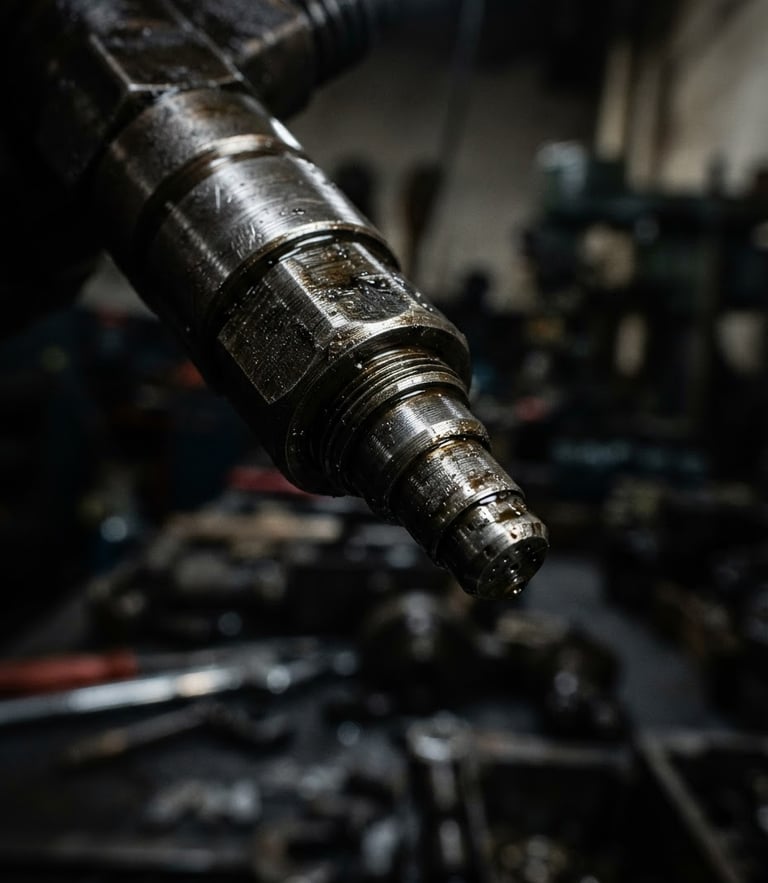 Macro photography of a heavy-duty diesel fuel injector nozzle, high-contrast workshop lighting, metallic highlights, sharp details