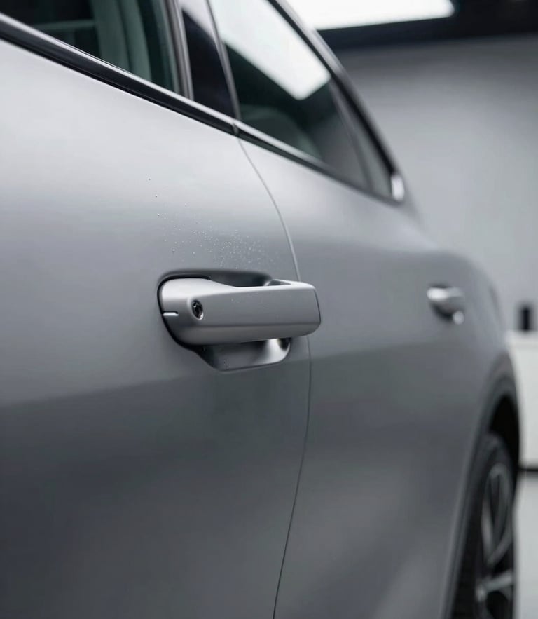 Extreme close-up macro shot of premium matte vinyl wrap being tucked flawlessly behind a door handle of a modern luxury electric vehicle, sharp overhead studio lighting reflecting off the surface, clinical dust-free workshop in background