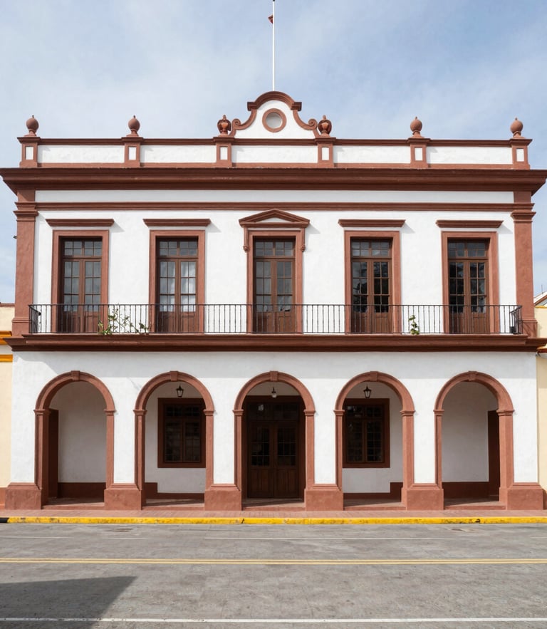Wide environmental shot of the historic Yauco municipal building facade under bright natural daylight, crisp documentary photography.