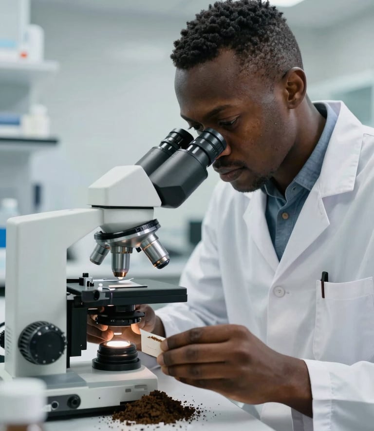 A Cameroonian researcher in a bright, modern laboratory analyzing soil samples under a microscope, clean clinical lighting, close-up composition.