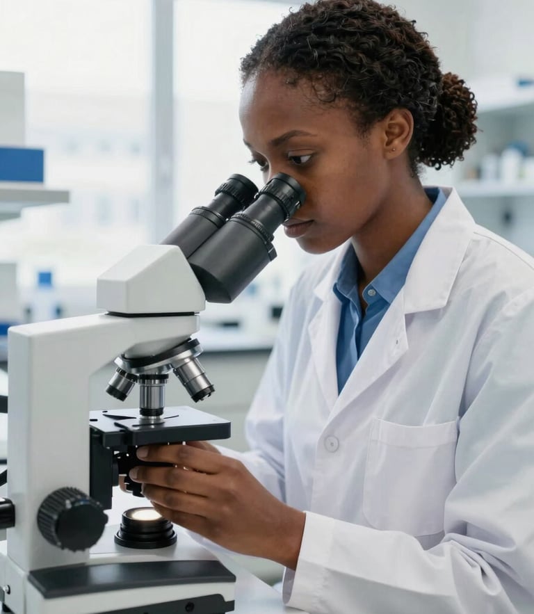 A Cameroonian female researcher in a bright, modern laboratory looking into a high-powered microscope, natural clean window light, highly professional clinical setting.