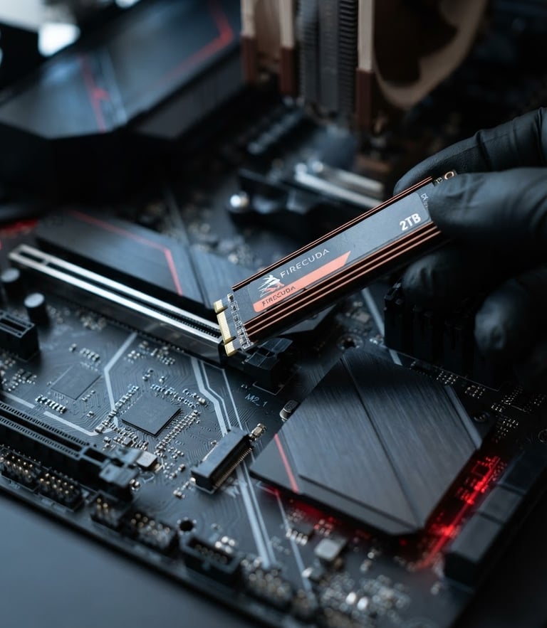 Macro close-up of a high-speed NVMe SSD being slotted into a modern motherboard, crisp technical photography, clean daylight with red LED highlights, 50mm