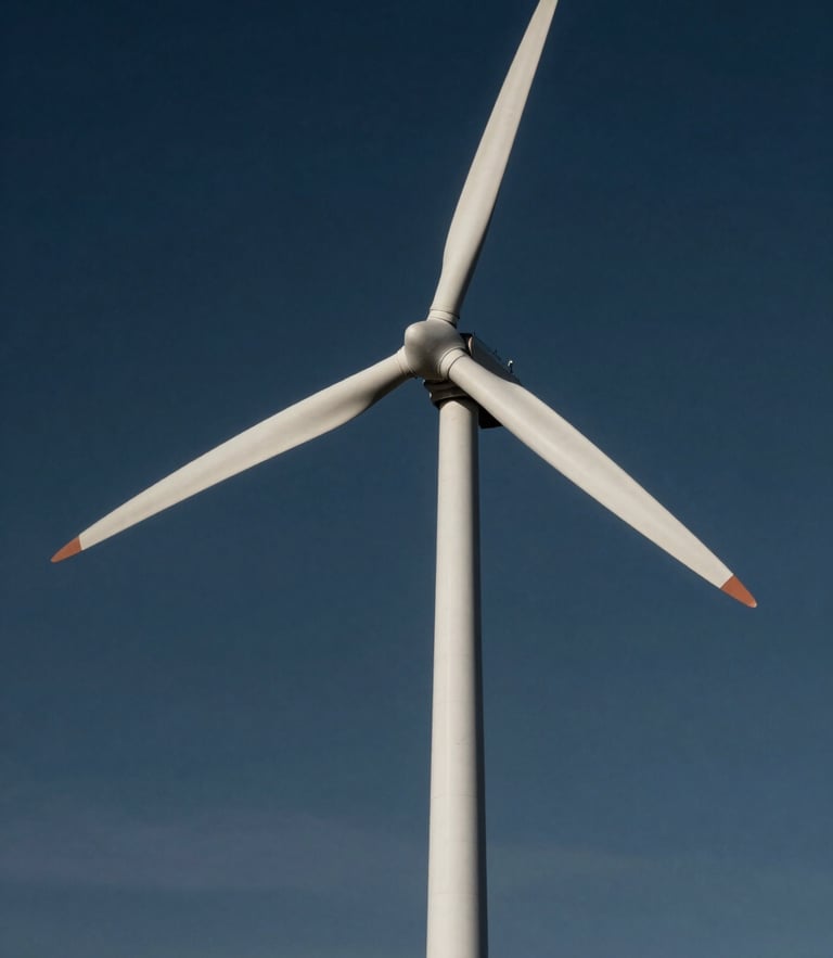 Crisp low-angle shot of a sculptural white spiral wind turbine spinning silently against a deep twilight sky, high-contrast lighting.