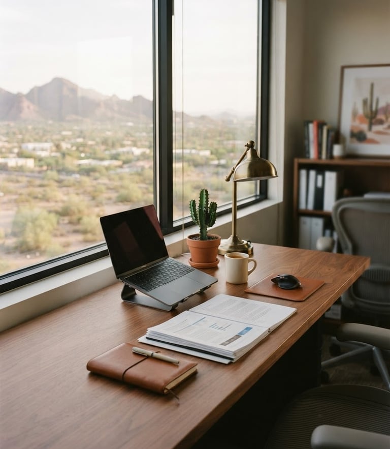A warm, bright professional office in Phoenix with soft desert window light, a clean wooden desk with organized documents, 35mm photography