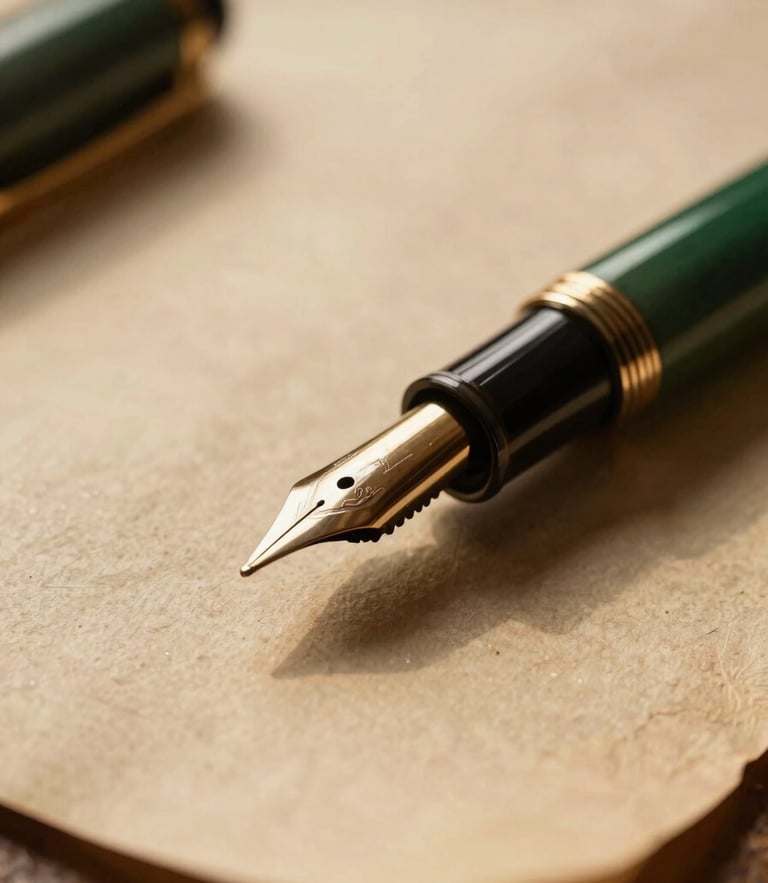 Macro detail of an antique fountain pen resting on heavy textured parchment paper, soft golden-hour light from a library window, warm sepia tones, shallow depth of field, 35mm