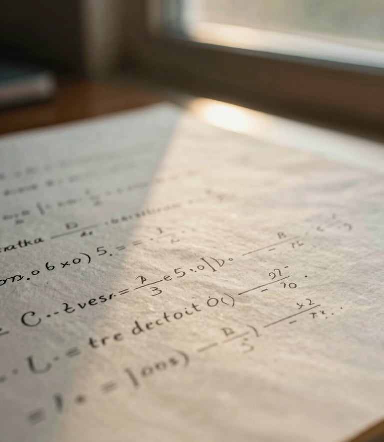 Close-up of handwritten mathematical proofs on heavy parchment paper, soft golden-hour window light, shallow depth of field, 35mm