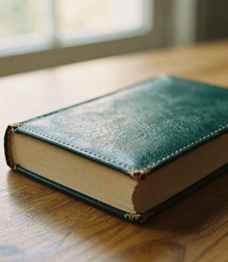A close-up of a vintage leather-bound book resting on a heavy oak table, soft golden-hour window light illuminating the paper grain, shallow depth of field, 35mm