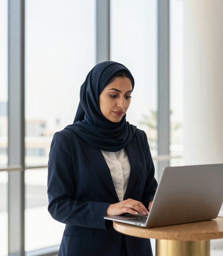 A bright, natural-light portrait of a focused professional collaborating in a modern Doha learning space, architectural clean background, premium editorial photography