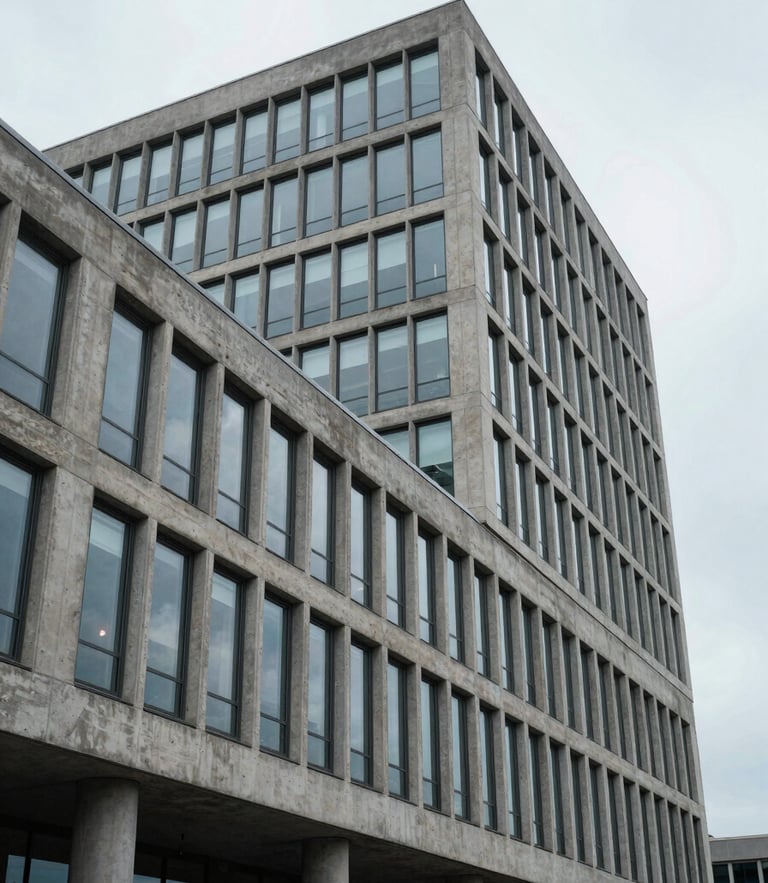 Cool, overcast daylight on brutalist corporate architecture, concrete and glass facade, clean angles, wide architectural perspective
