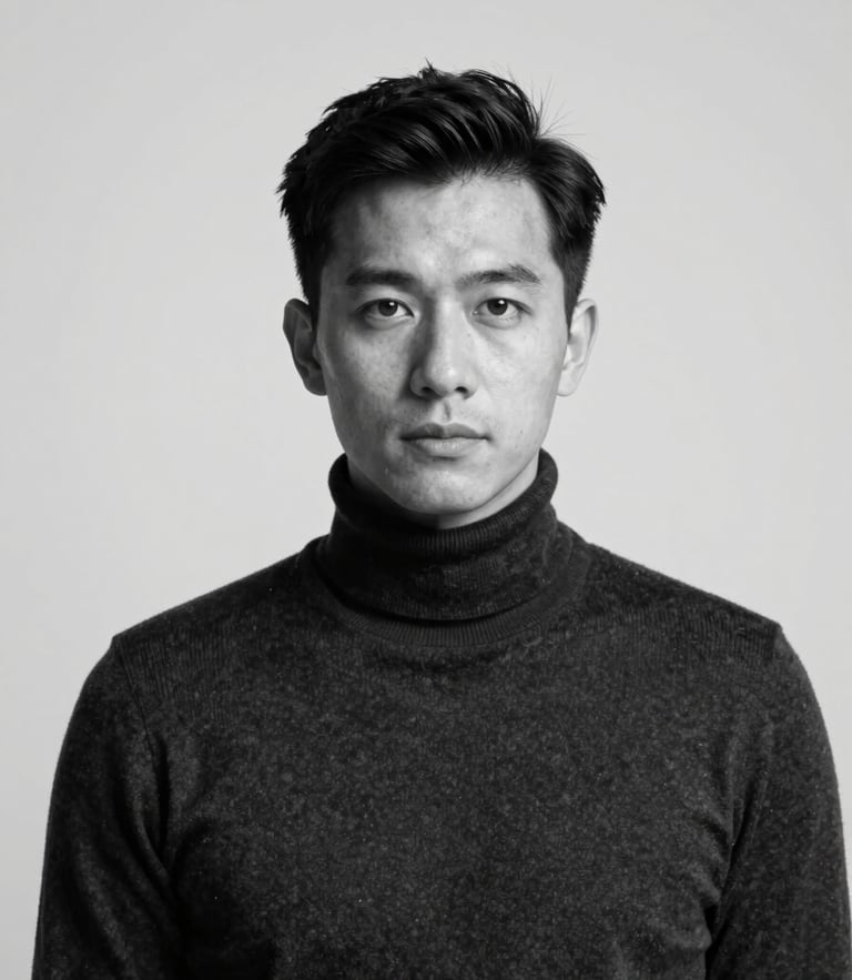A high-contrast black and white studio portrait of a male designer in a dark turtleneck, direct clean clinical lighting, sharp focus, orthographic projection, negative space on the right.