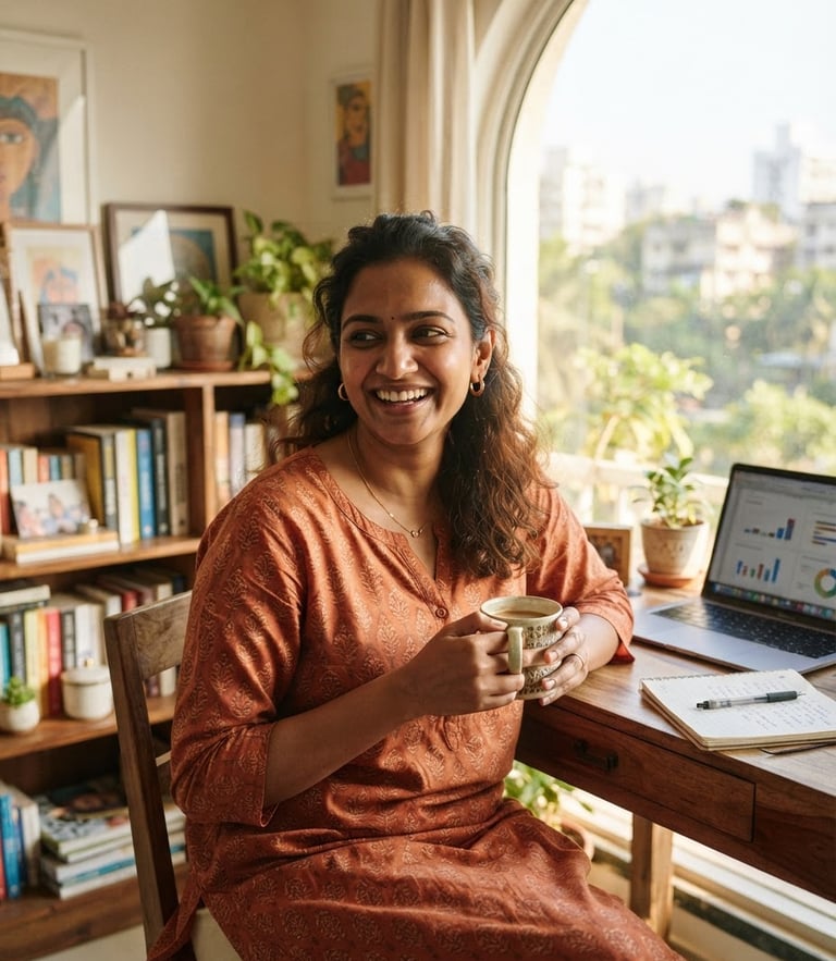 A warm editorial portrait of a smiling Indian woman entrepreneur in her bright, sunlit Mumbai home office, holding a cup of coffee, soft natural daylight, 35mm lens