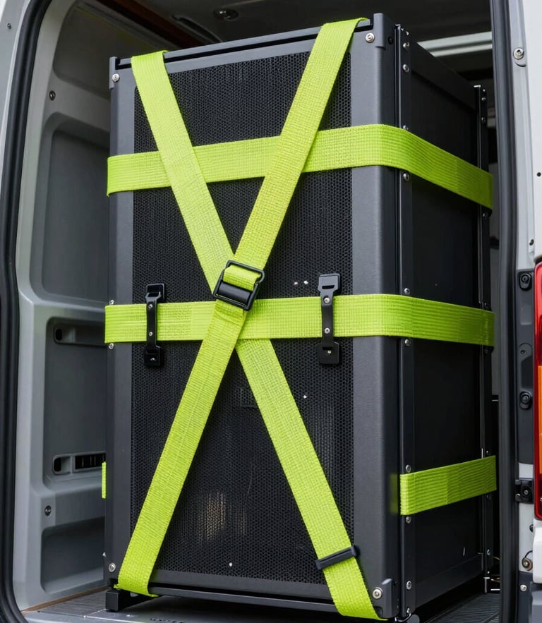 Macro shot of heavy-duty tension straps securing a server rack inside a clean, modern transport vehicle, bright high-visibility lighting.