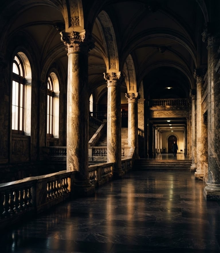 Dramatic low-key legal architecture, marble pillars of a courthouse in deep navy shadows, golden-hour window light reflecting on polished stone, wide angle 35mm