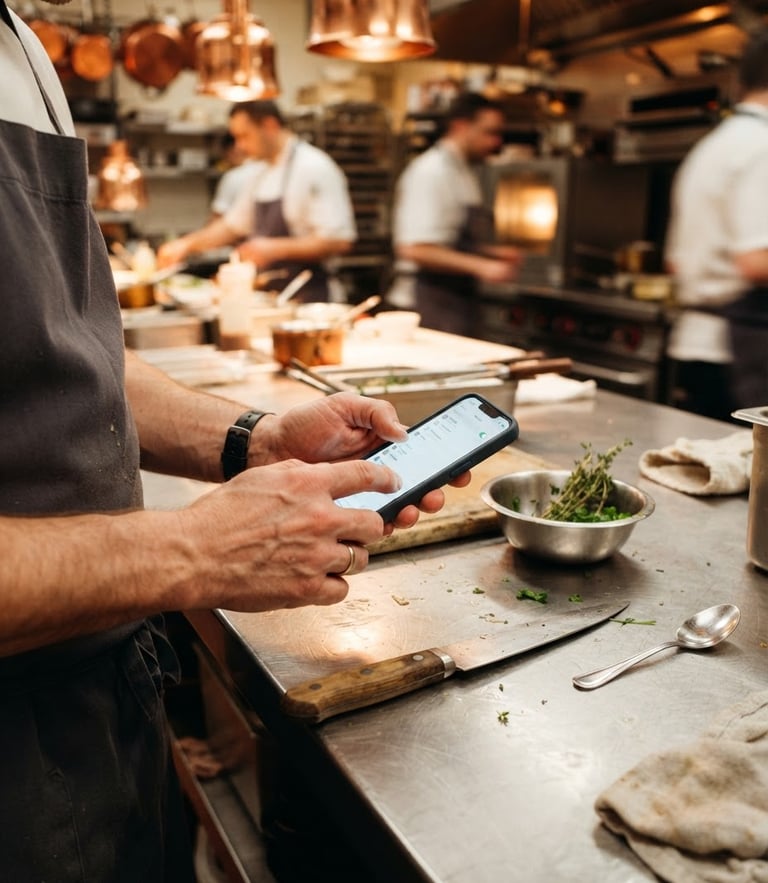 Close-up of hands using a mobile device on a stainless steel prep table in an active kitchen, warm ambient lighting, sharp focus, 35mm