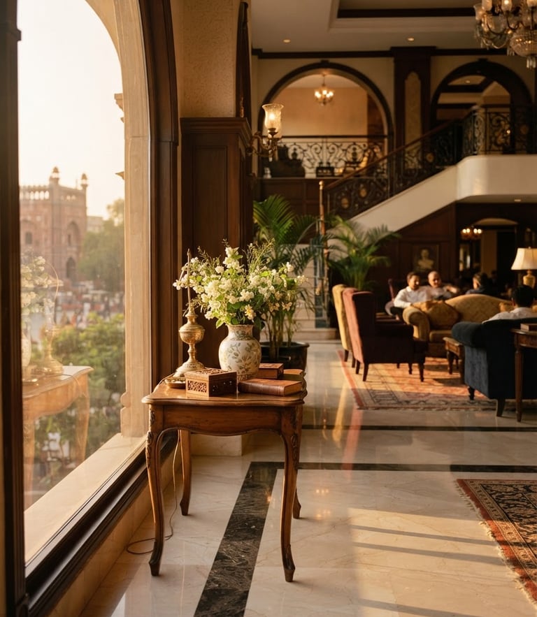 Warm environmental photography of an elegant hotel lobby in Lahore, golden-hour window light reflecting on polished marble, fresh jasmine on a side table, 35mm
