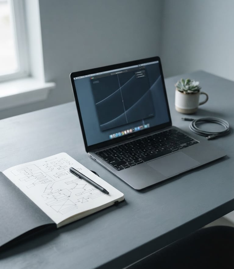 Minimalist organized desk with a sleek laptop and a notebook showing structured diagrams, soft overcast daylight, cool slate tones, clean composition, 35mm