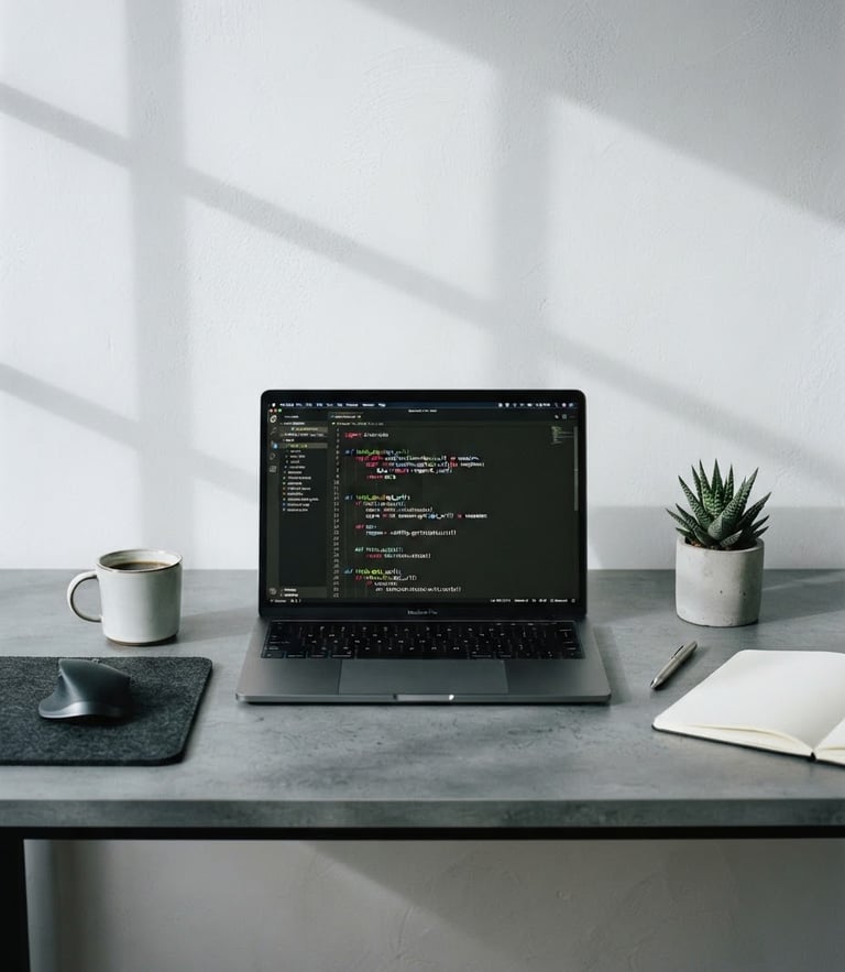 Minimalist slate grey desk with a modern laptop showing clean code, soft overcast daylight, architectural shadows, 35mm