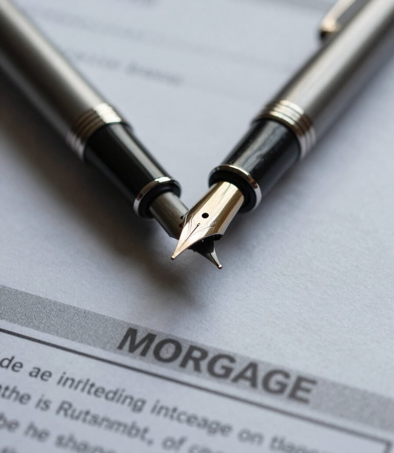 Macro shot of a fountain pen resting on structured mortgage disclosure documents, soft overcast daylight, muted slate tones