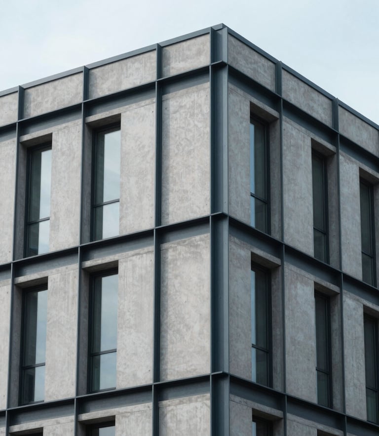 Architectural detail of a modern concrete and steel financial building in Caldwell, soft overcast daylight, clean lines, 35mm