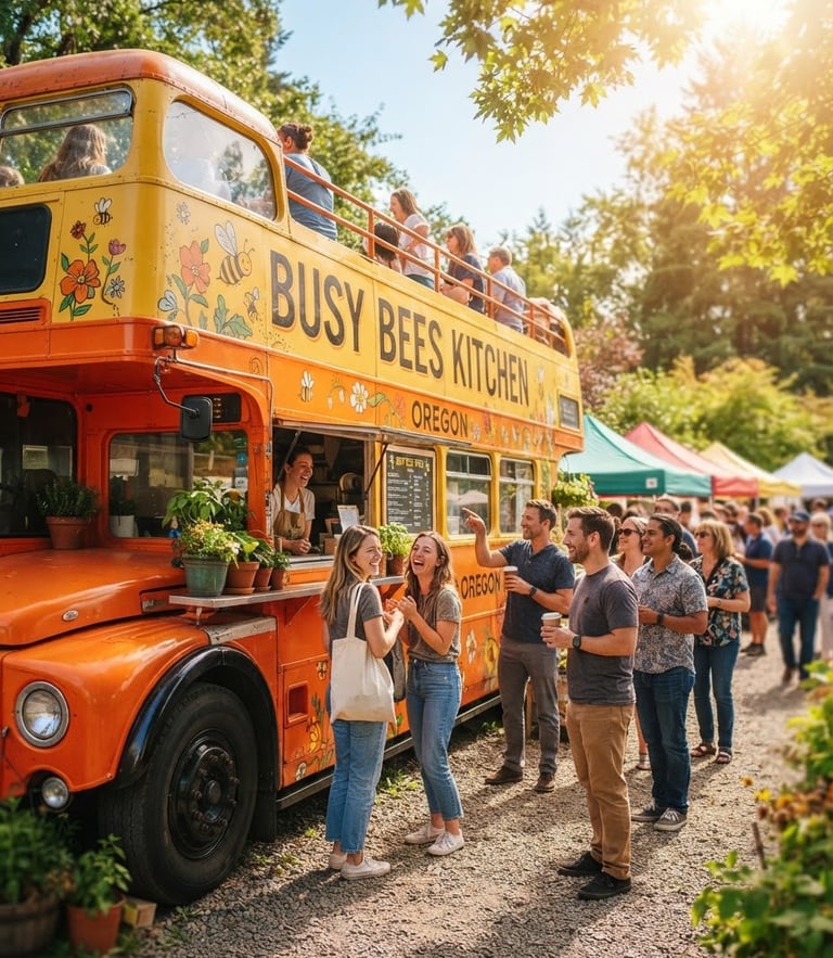 Bright natural outdoor daylight photo of a vibrant orange and yellow double-decker bus parked at an Oregon community market, happy patrons ordering at the window, warm sun flare