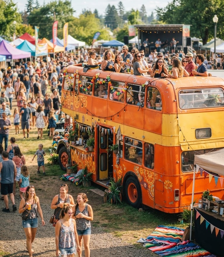 Vibrant orange and yellow double-decker bus parked at a sunny outdoor community festival in Oregon, bright natural daylight, happy people in background