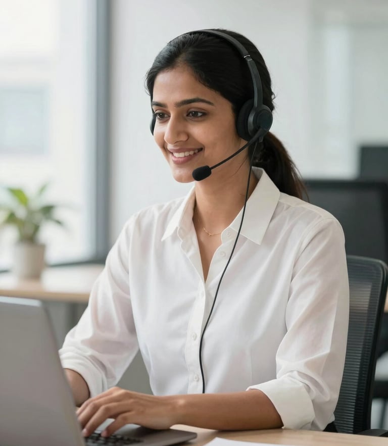 A professional Indian female customer support executive wearing a headset, smiling in a bright modern office with natural daylight, crisp focus