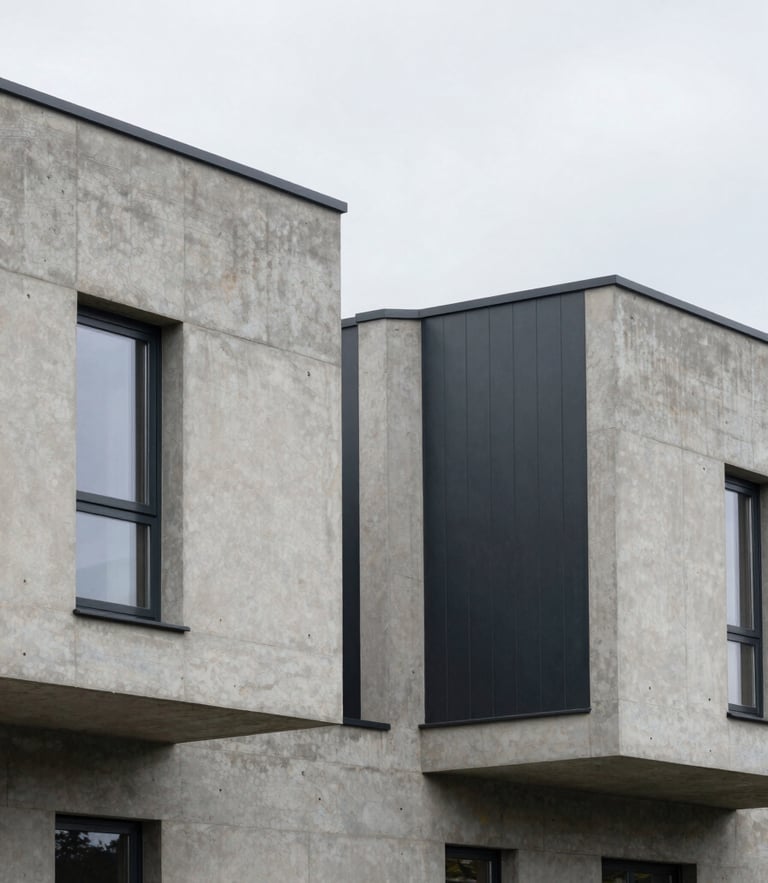 Minimalist architectural close-up of a modern concrete townhouse facade with dark metal details, overcast Baltic daylight, focus on structural joints