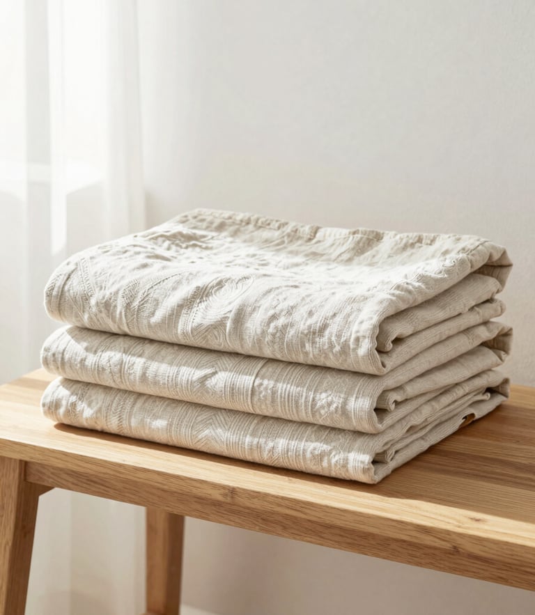 Bright high-key lifestyle shot of a modern Lithuanian home interior, neatly folded linen textiles on a wooden bench, soft natural daylight, warm neutral tones