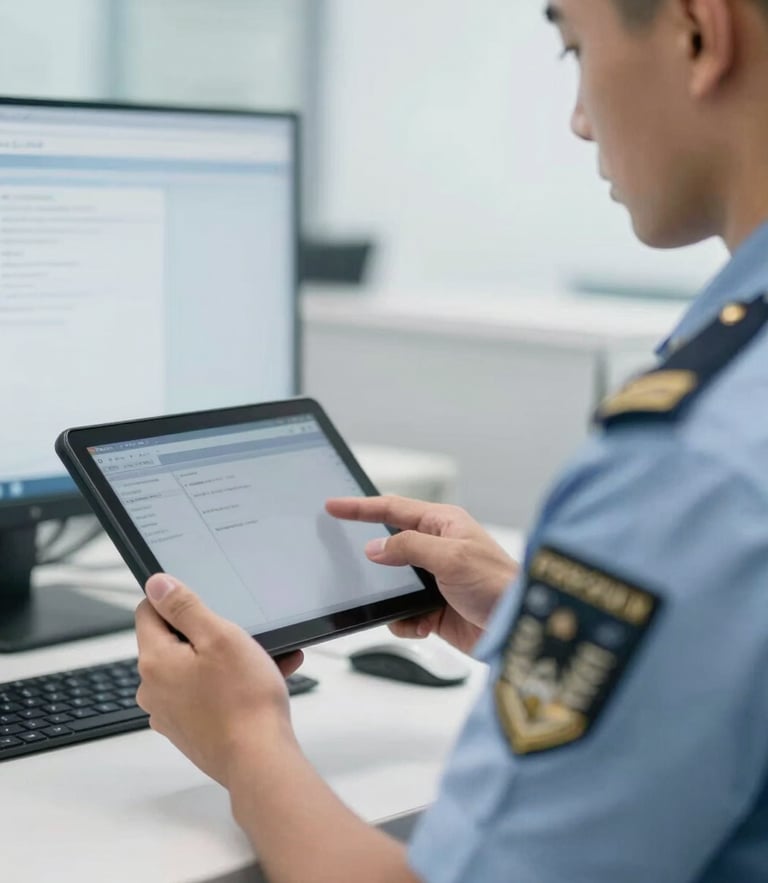 A desaturated blue-toned close-up of a service member in clean duty uniform reviewing a mobile portal screen in a bright, modern military administrative office.