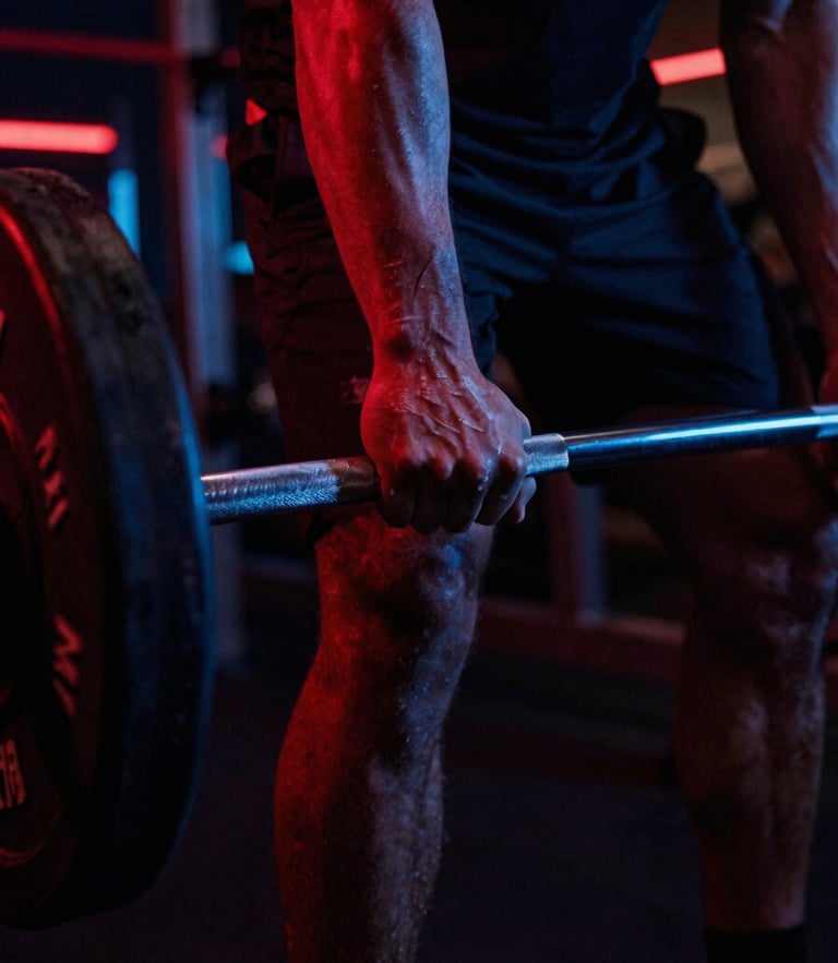 Close-up of chalked hands gripping a heavy barbell in a dark moody gym, dramatic red and blue neon backlighting, 35mm film