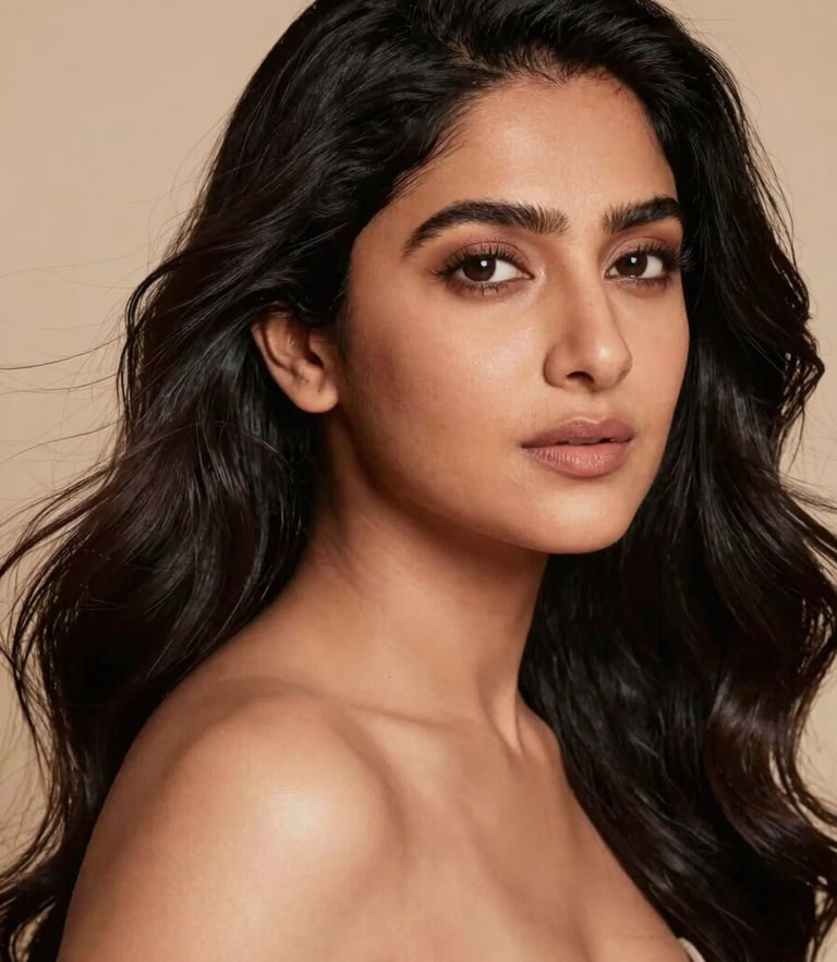 Close-up portrait of a professional Indian woman with voluminous, flowing black hair, elegant studio lighting, warm beige background, 85mm lens, shallow depth of field.