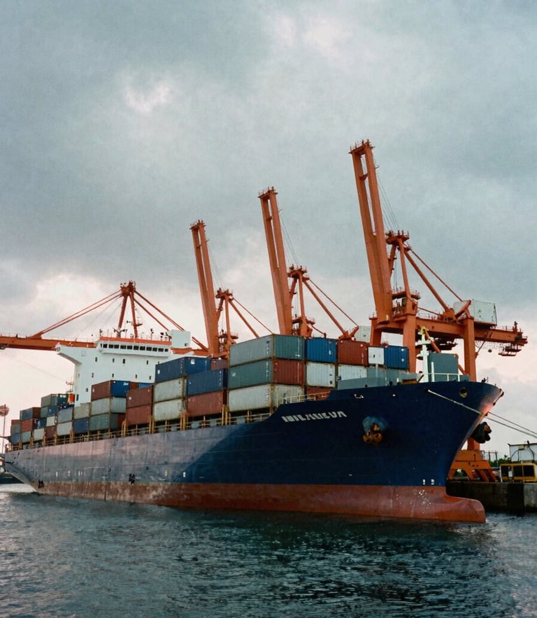 Wide-angle industrial film photography of a massive container ship docked at a port during dramatic overcast twilight, cool slate tones with sharp safety-orange cranes in the background, 35mm.