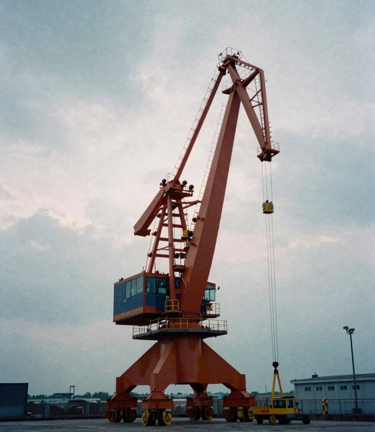 Wide-angle industrial film photography of a massive crawler crane being rigged on a concrete pier under overcast twilight sky, desaturated cool tones with sharp safety orange rigging lines.