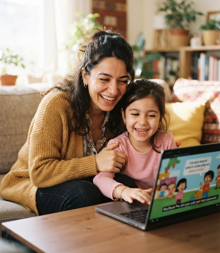 A cheerful Turkish mother and her 6-year-old child smiling together at a laptop screen, bright warm high-key daylight, friendly atmosphere, shallow depth of field, 35mm
