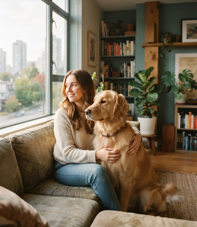A serene golden retriever sitting beside its owner in a sunlit Vancouver apartment, soft natural morning light, warm editorial 35mm photography