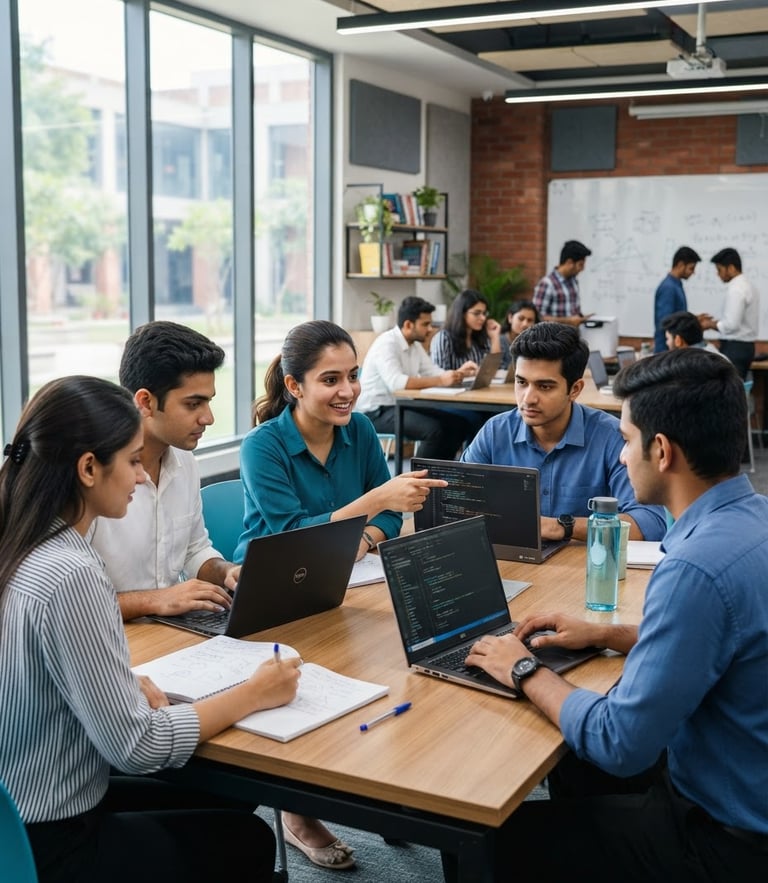 Bright professional classroom environment in Guntur, students collaborating over laptops under clean daylight, sharp focus.