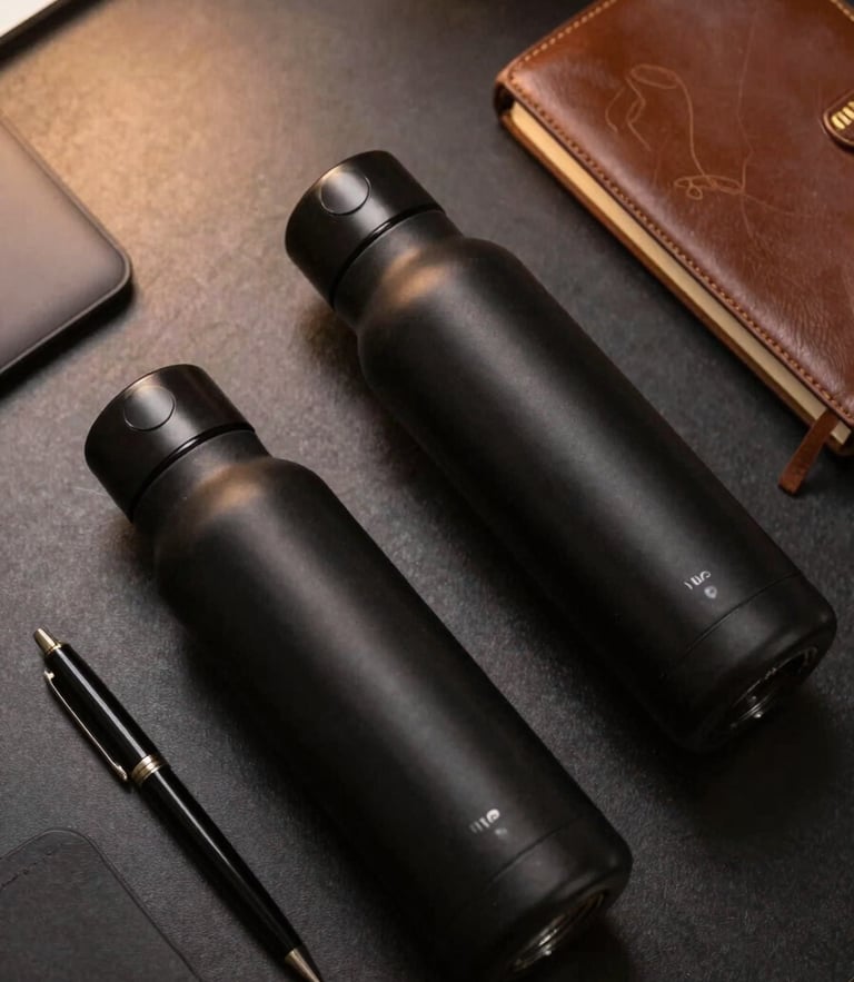 Overhead flat-lay of premium matte-black insulated bottles, a leather-bound diary with subtle gold embossing, and a sleek executive pen on a dark obsidian desk, warm cinematic side lighting.