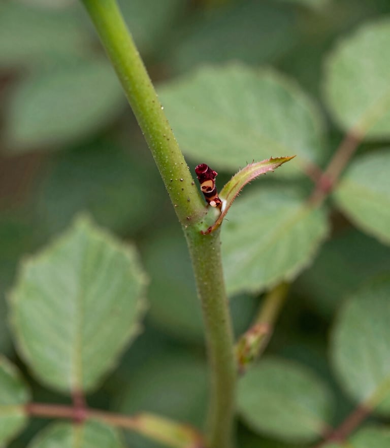 Crisp macro detail of a clean grafting cut on a rose stem, bright natural Florida daylight, rich greens, 35mm lens