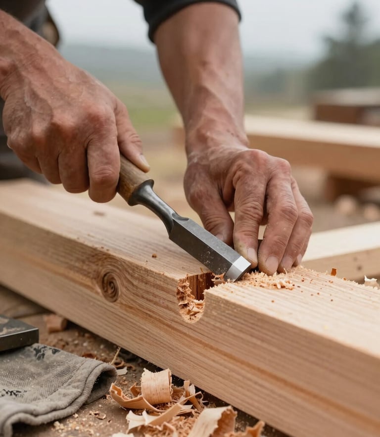 A close-up of a carpenter's hands using a heavy steel chisel to clean out a mortise in a thick Douglas fir timber, natural overcast Oregon daylight, wood shavings on a canvas drop cloth.