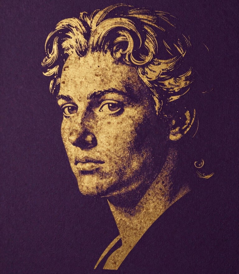 Vue rapprochée d'une tête d'impression murale de précision projetant de l'encre dorée sur un mur en béton brut sombre, éclairage latéral dramatique révélant la texture du support, tons violet profond et or.