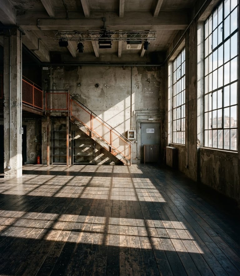 Industrial interior photography of OFFBEAT space in Rome, raw concrete walls, dramatic side-lighting from high windows, empty wooden floor with sharp shadows, 35mm film.