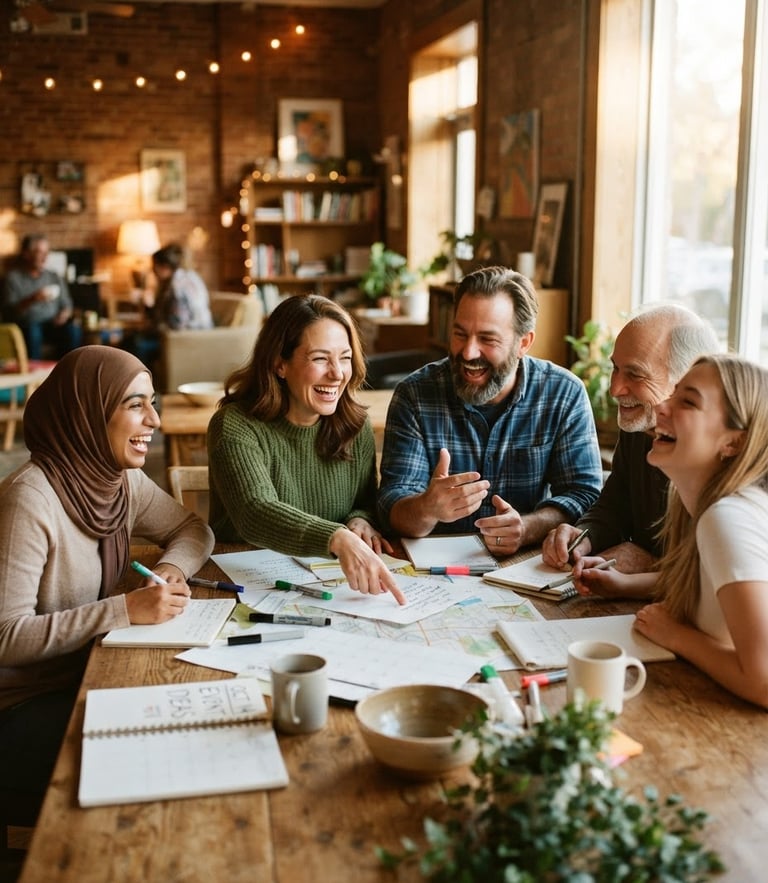 Warm editorial photography of a group of neighbors laughing and planning an event around a rustic wooden table in a cozy community space, golden-hour natural light, rich organic tones, shallow depth of field, 35mm film look.