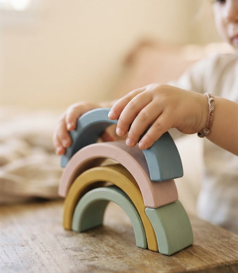 Close-up of a child's hands carefully stacking smooth wooden arches, soft morning light, muted warm cream background, shallow depth of field, 35mm
