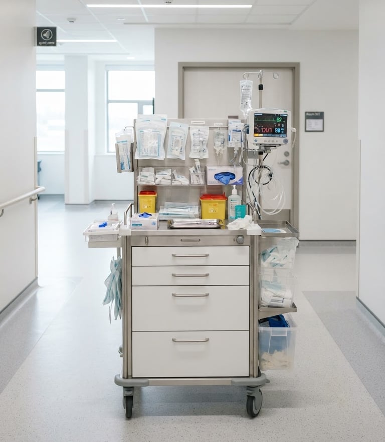 Bright high-key medical photography, sterile hospital corridor with medical equipment cart, sharp focus, neutral daylight