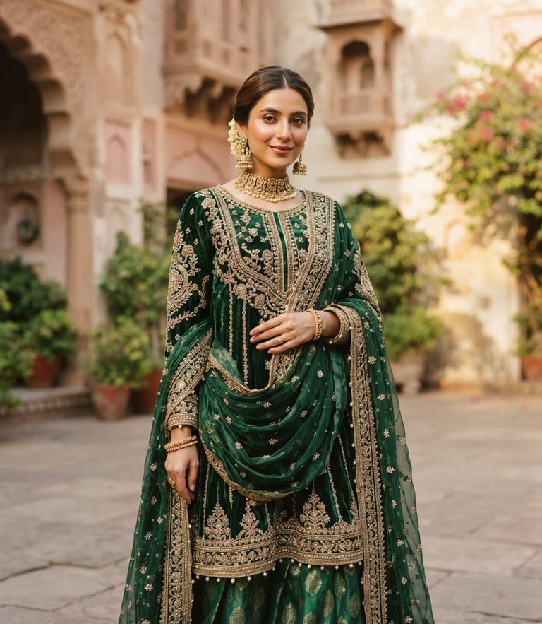Warm editorial fashion photography of a Pakistani woman wearing a beautifully draped emerald festive dress, soft natural light